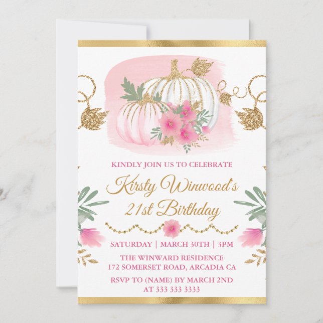 Invitation Aquarelle rose Citrouille or Parties scintillant A (Devant)