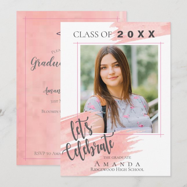 Invitation Aquarelle rose | Classe De 2025 | Diplôme photo (Devant / Derrière)