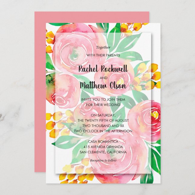 Invitation Aquarelle rose corail jaune Mariage floral (Devant / Derrière)