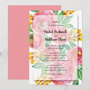 Invitation Aquarelle rose corail jaune Mariage floral