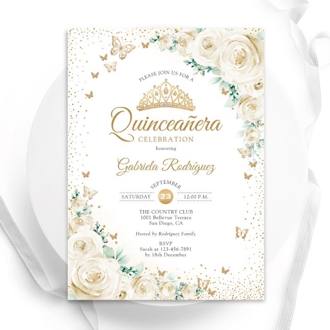 Invitation Aquarelle Rose Crème Or Floral Quinceanera (Créateur téléchargé)