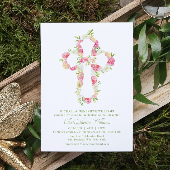 Invitation Aquarelle rose Croix florale Baptême (Créateur téléchargé)
