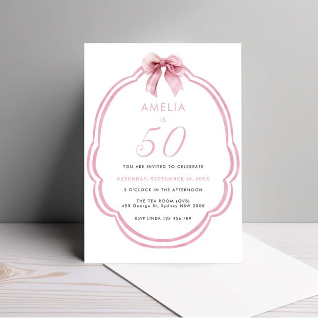 Invitation Aquarelle rose dainty Bow 50e anniversaire (Créateur téléchargé)