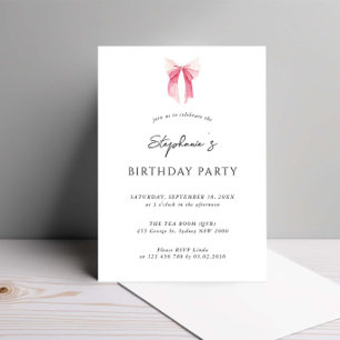 Invitation Aquarelle rose Dainty Bow fête d'anniversaire