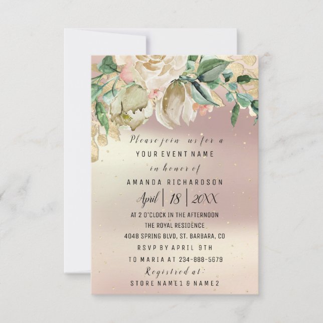 Invitation Aquarelle Rose de la Monnaie d'or Fleurs d'anniver (Devant)