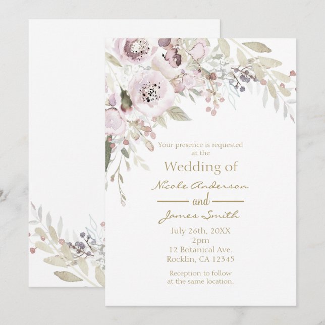 Invitation Aquarelle rose douce Élégante Mariage florale (Devant / Derrière)