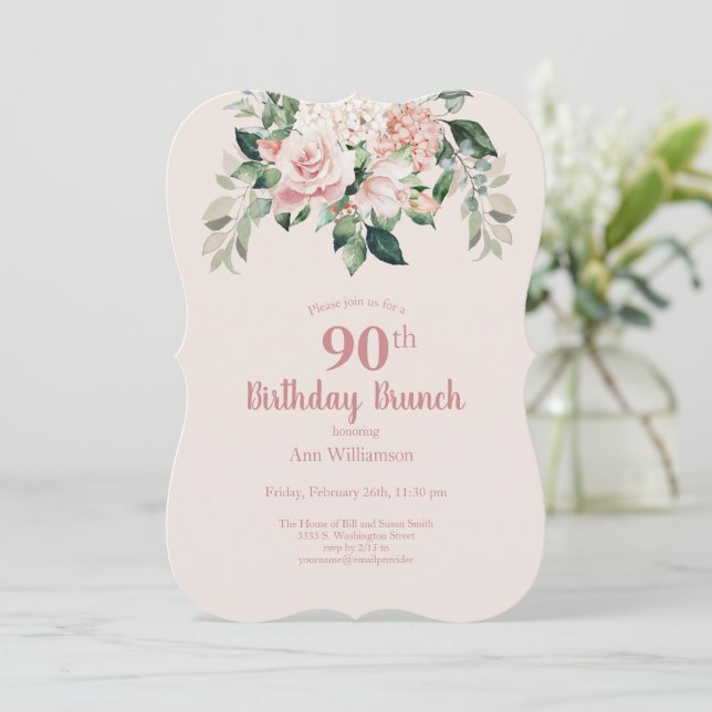 Invitation Aquarelle rose douce Fleur 90e anniversaire Brunch (Debout devant)