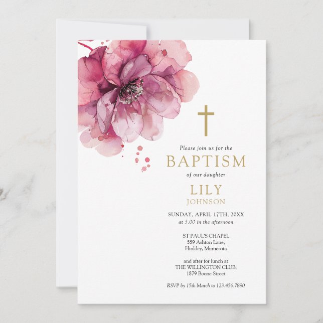 Invitation Aquarelle Rose Dusty moderne Baptême floral (Devant)