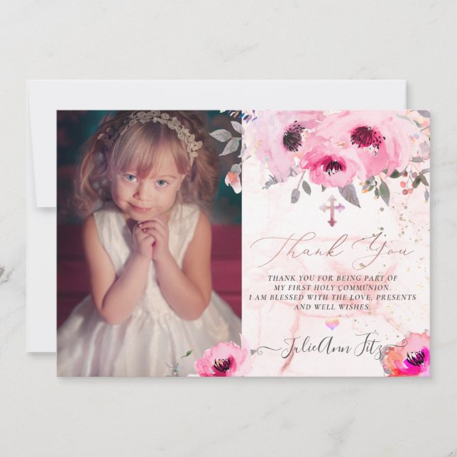 Invitation Aquarelle rose eau Roses Communion Merci (Devant)