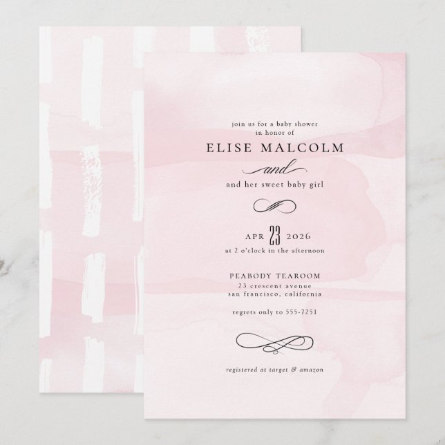 Invitation Aquarelle rose élégant Baby shower moderne (Devant / Derrière)