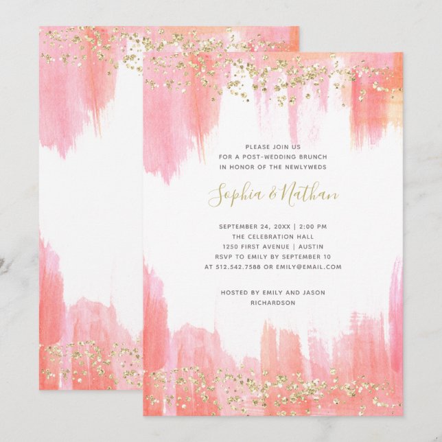 Invitation Aquarelle rose élégante| Gold Post Mariage Brunch (Devant / Derrière)