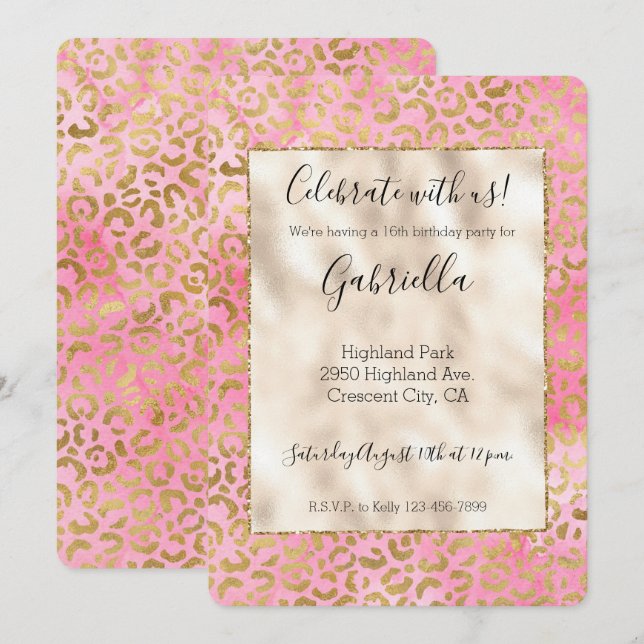 Invitation Aquarelle rose Empreinte de léopard or (Devant / Derrière)