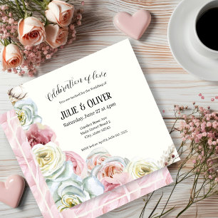 Invitation Aquarelle rose en rose pâle, Mariage blanc crème