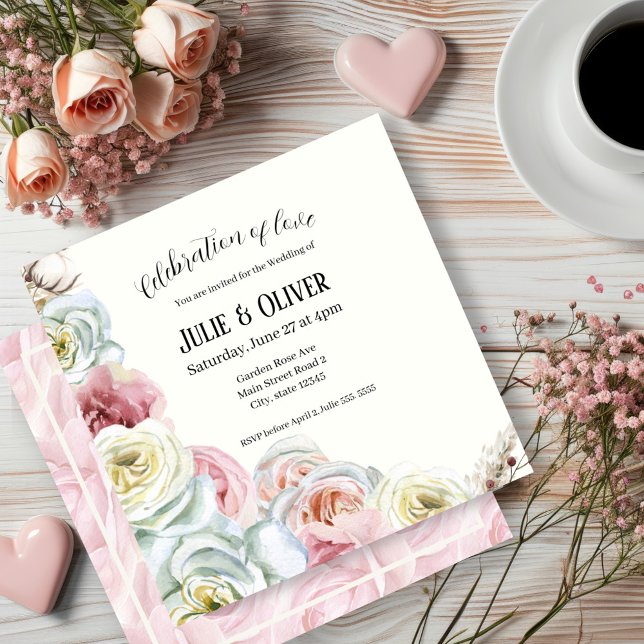 Invitation Aquarelle rose en rose pâle, Mariage blanc crème (Créateur téléchargé)