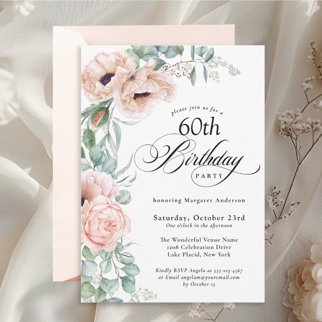 Invitation Aquarelle rose et beige Floral 60e anniversaire (Available in both printed and digital download formats.)
