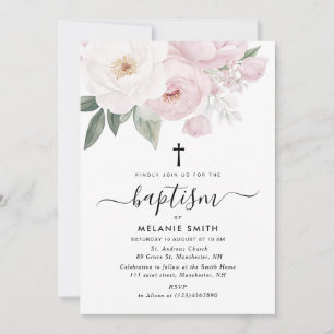Invitation aquarelle rose et blanc fleurs baptême
