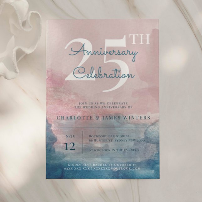 Invitation Aquarelle rose et bleu 25e anniversaire (Créateur téléchargé)