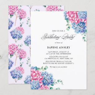 Invitation Aquarelle rose et bleu Hydrangeas Anniversaire
