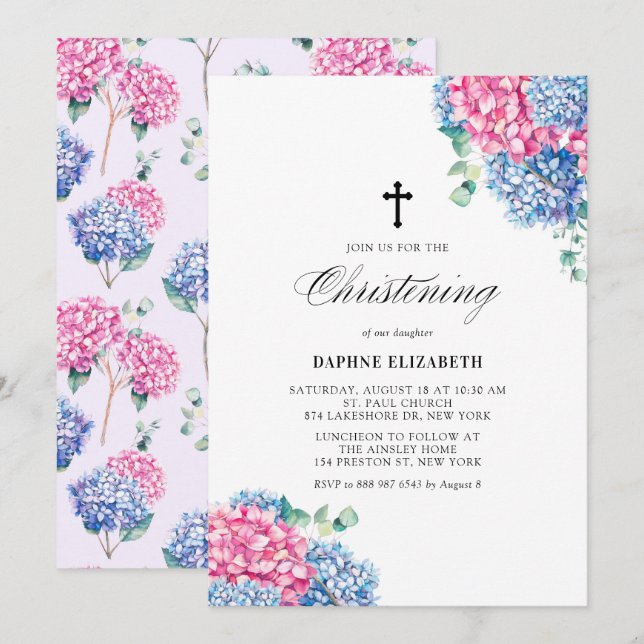Invitation Aquarelle rose et bleu Hydrangeas Christening (Devant / Derrière)