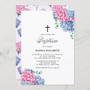 Invitation Aquarelle rose et bleu Hydrangée Baptême