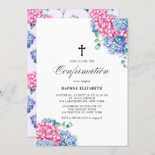 Invitation Aquarelle rose et bleu Hydrangée Confirmation
