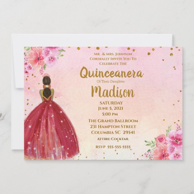 Invitation Aquarelle rose et bordeaux Quinceanera (Devant)