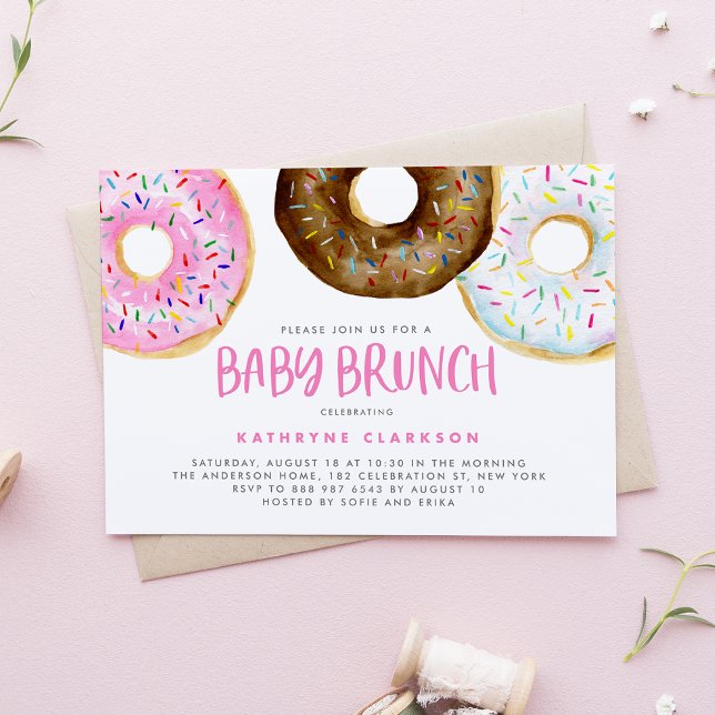 Invitation Aquarelle rose et chocolat beignets Bébé Brunch (Créateur téléchargé)