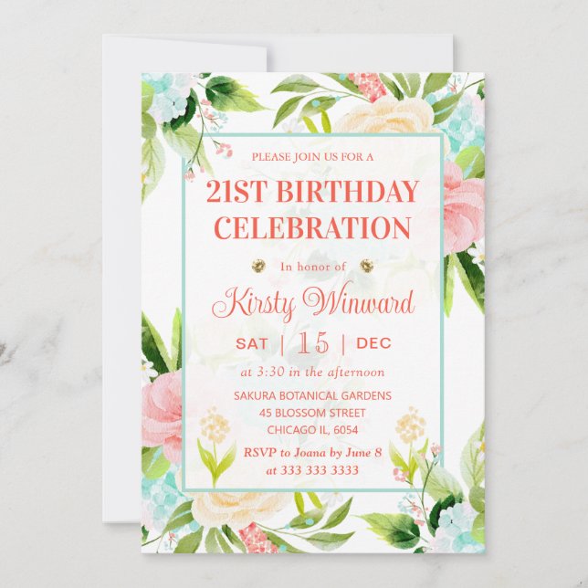 Invitation Aquarelle Rose et Fleurs de menthe Anniversaire (Devant)