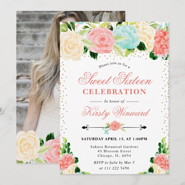 Invitation Aquarelle Rose et Fleurs de menthe Photo Sweet 16 (Devant / Derrière)