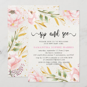 Invitation Aquarelle rose et Gold Sip et voir