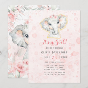 Invitation Aquarelle rose et gris Eléphant Baby shower fille