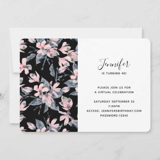 Invitation Aquarelle rose et gris Floral Motif virtuel (Devant)