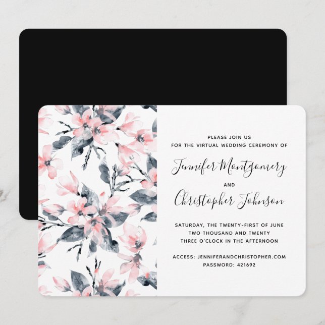 Invitation Aquarelle rose et gris Floral Motif virtuel (Devant / Derrière)