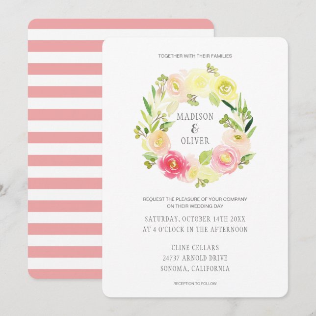 Invitation Aquarelle rose et jaune couronne florale | MARIAGE (Devant / Derrière)