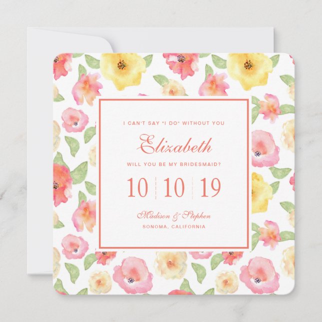 Invitation Aquarelle rose et jaune de la flore - Bridesmaid (Devant)