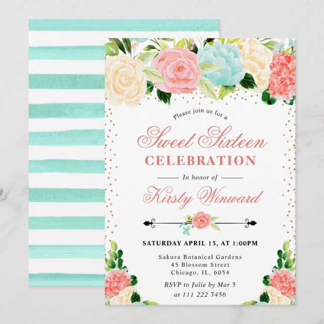 Invitation Aquarelle rose et les fleurs de menthe doux 16 (Devant / Derrière)