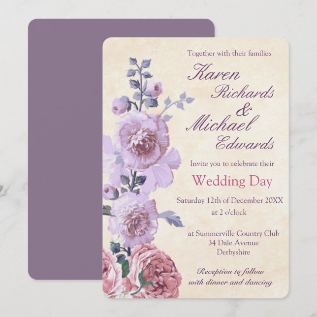 Invitation Aquarelle rose et Lilac Mariage floral (Devant / Derrière)