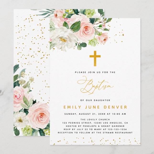 Invitation Aquarelle rose Et Or Baptême Floral (Devant / Derrière)