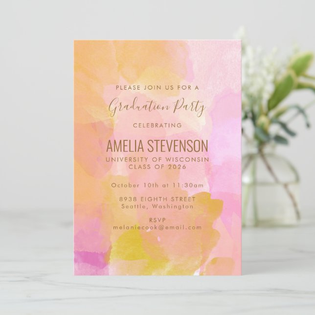 Invitation Aquarelle rose et or Partie de graduation Abstrait (Debout devant)