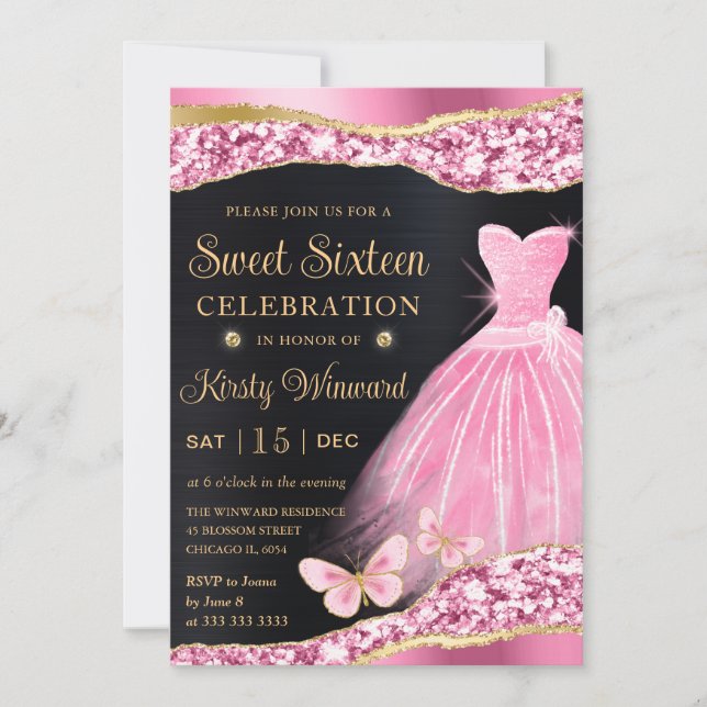 Invitation Aquarelle rose et or Parties scintillant robe Swee (Devant)