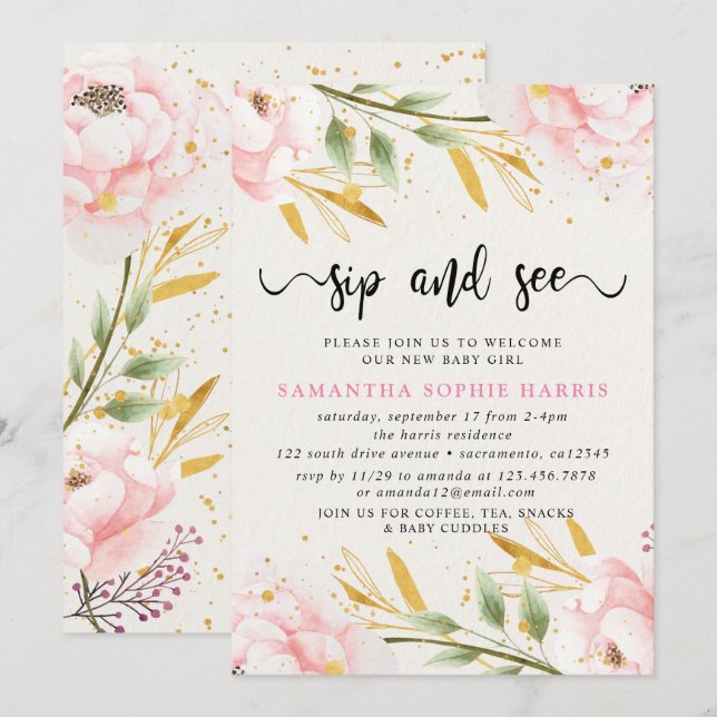 Invitation Aquarelle rose et or Siroter et voir (Devant / Derrière)