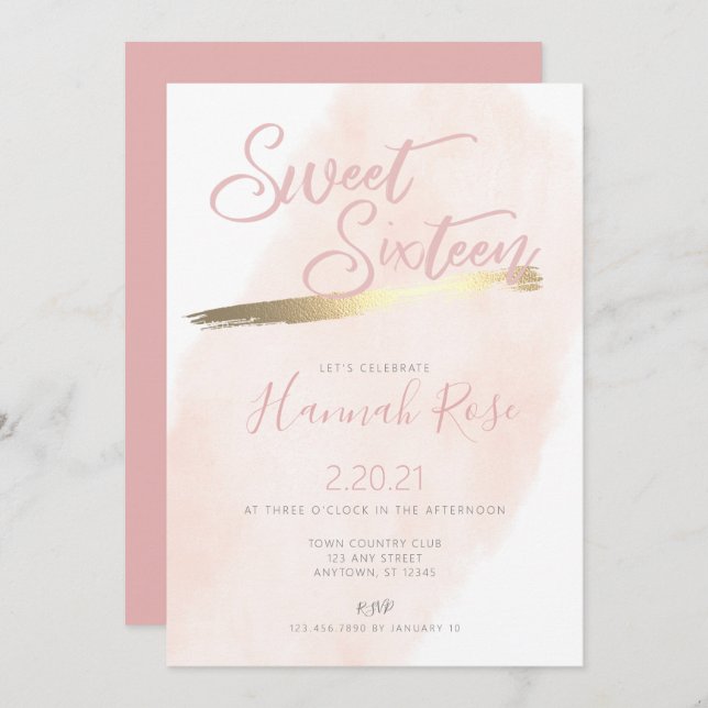 Invitation Aquarelle rose et or Sweet 16 Anniversaire (Devant / Derrière)