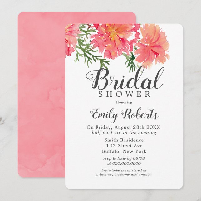 Invitation Aquarelle rose et orange Fête des mariées Dahlia (Devant / Derrière)