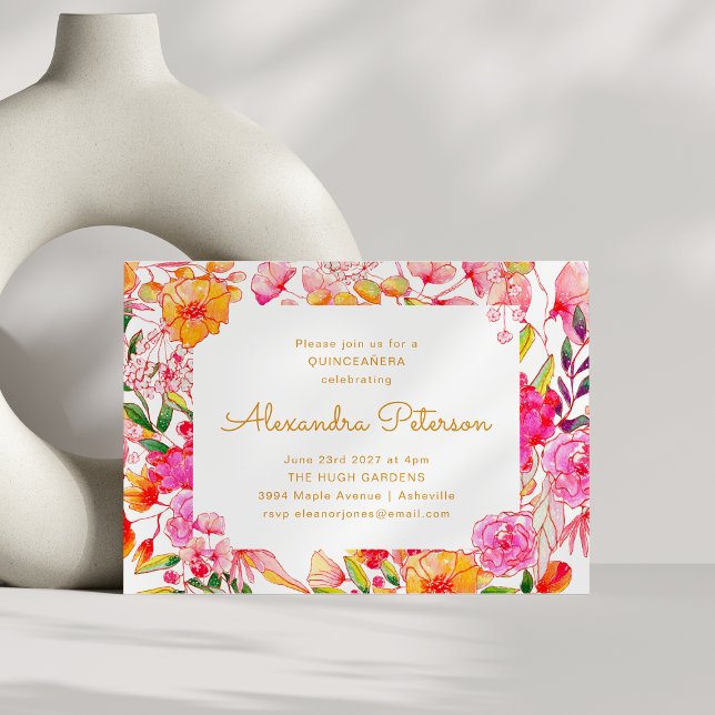 Invitation Aquarelle rose et orange QUINCEAÑERA (Créateur téléchargé)
