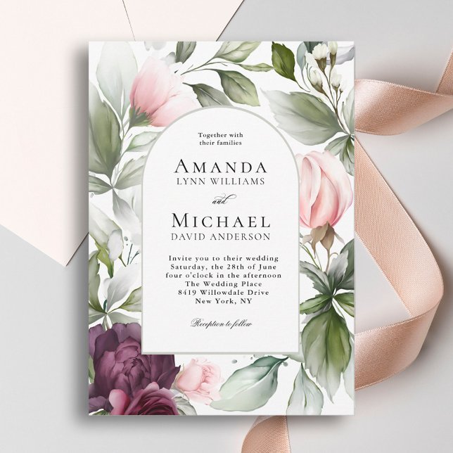 Invitation Aquarelle rose et prune Mariage de charme botaniqu (Créateur téléchargé)
