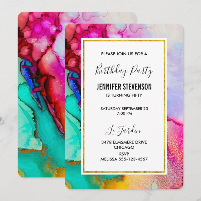 Invitation Aquarelle rose et turquoise Abstraite Anniversaire (Devant / Derrière)