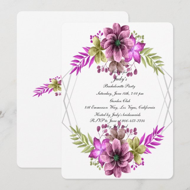 Invitation Aquarelle rose et vert Floral Bachelorette Party (Devant / Derrière)