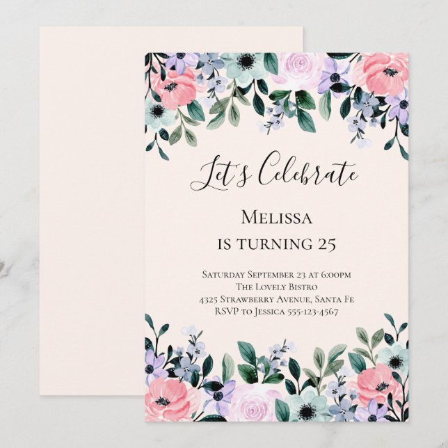 Invitation Aquarelle rose et violet Frontière florale Anniver (Devant / Derrière)