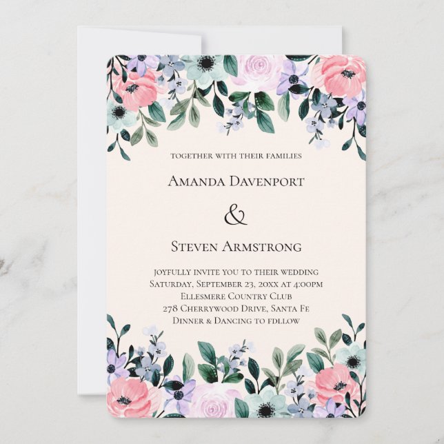Invitation Aquarelle rose et violet Mariage à la frontière fl (Devant)