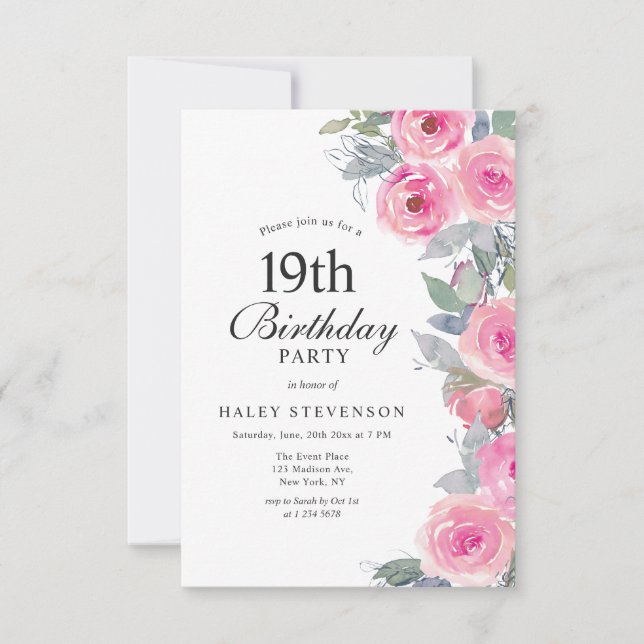 Invitation Aquarelle rose feminine Floral Chic 19e anniversai (Devant)